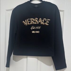 Versace Black Crewneck Sweatshirt with Leopard Logo and Gold Accents